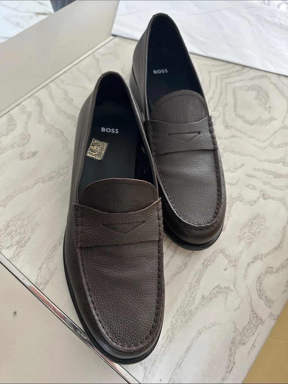 BOSS Men's Dark Brown Pebbled Leather Slip-On Loafers